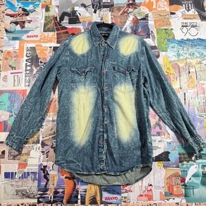Encrypted Western Denim Shirt Mens L Blue Distressed Long Sleeve Button‎ Up